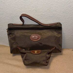 Longchamp Brown Nylon Makeup Pouch with Matching Mini Pouch